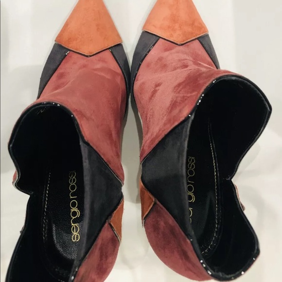 Sergio Rossi Suede Red Black Ankle Boots Heels 5.5 - Picture 7 of 10
